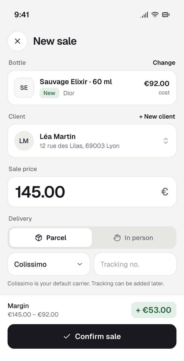 Olfisto New sale screen: bottle, client, sale price, parcel delivery and calculated margin.