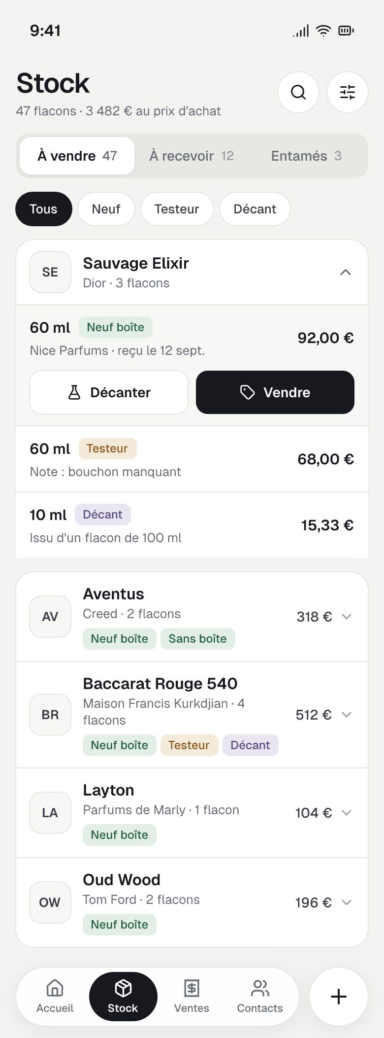 Écran Stock d’Olfisto : les parfums à vendre, regroupés par flacon.